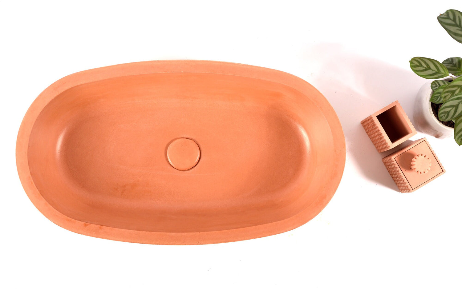 Big Bathroom Sink in Orange Terracotta Color with Unique Make Up Brush Pots Storage