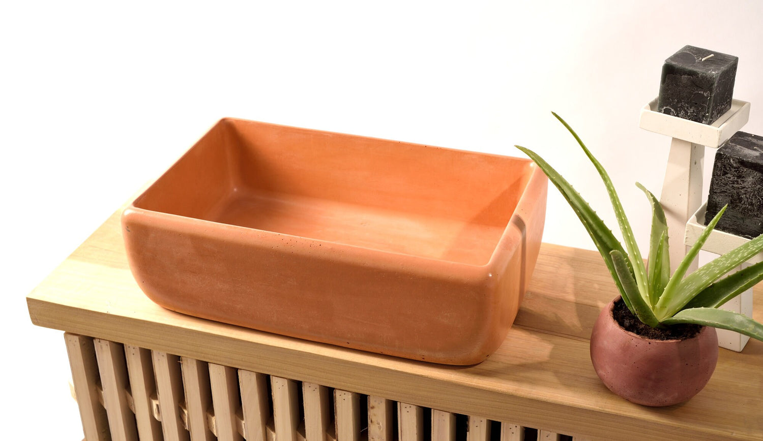 Oblio Washbasin with Rounded Corners, Terracotta Orange Top Basin