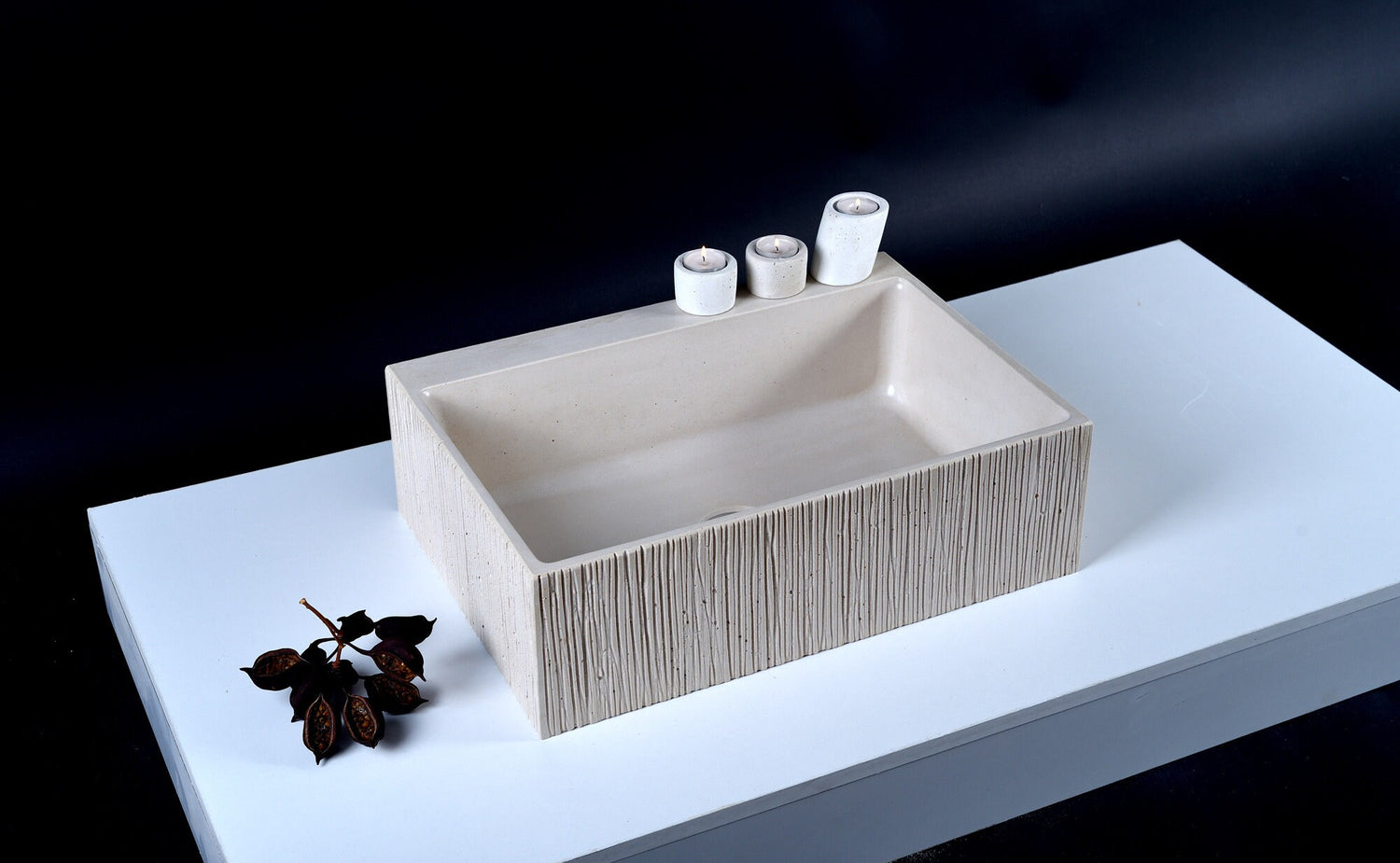 Rectangular Washbasin QO Series: Textured or Flat, Thin Edges, Ledge for Soaps, Vanity or Wall-Mounted Installation