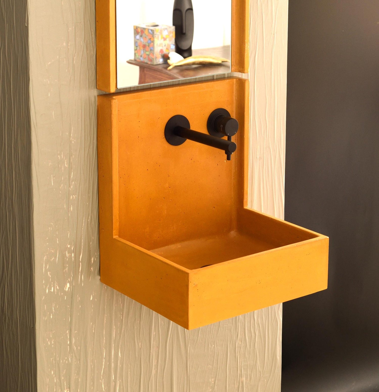 Yellow Deep Corn Backsplash Washbasin/ Handcrafted Elegance with Integrated Backsplash and Matching Mirror